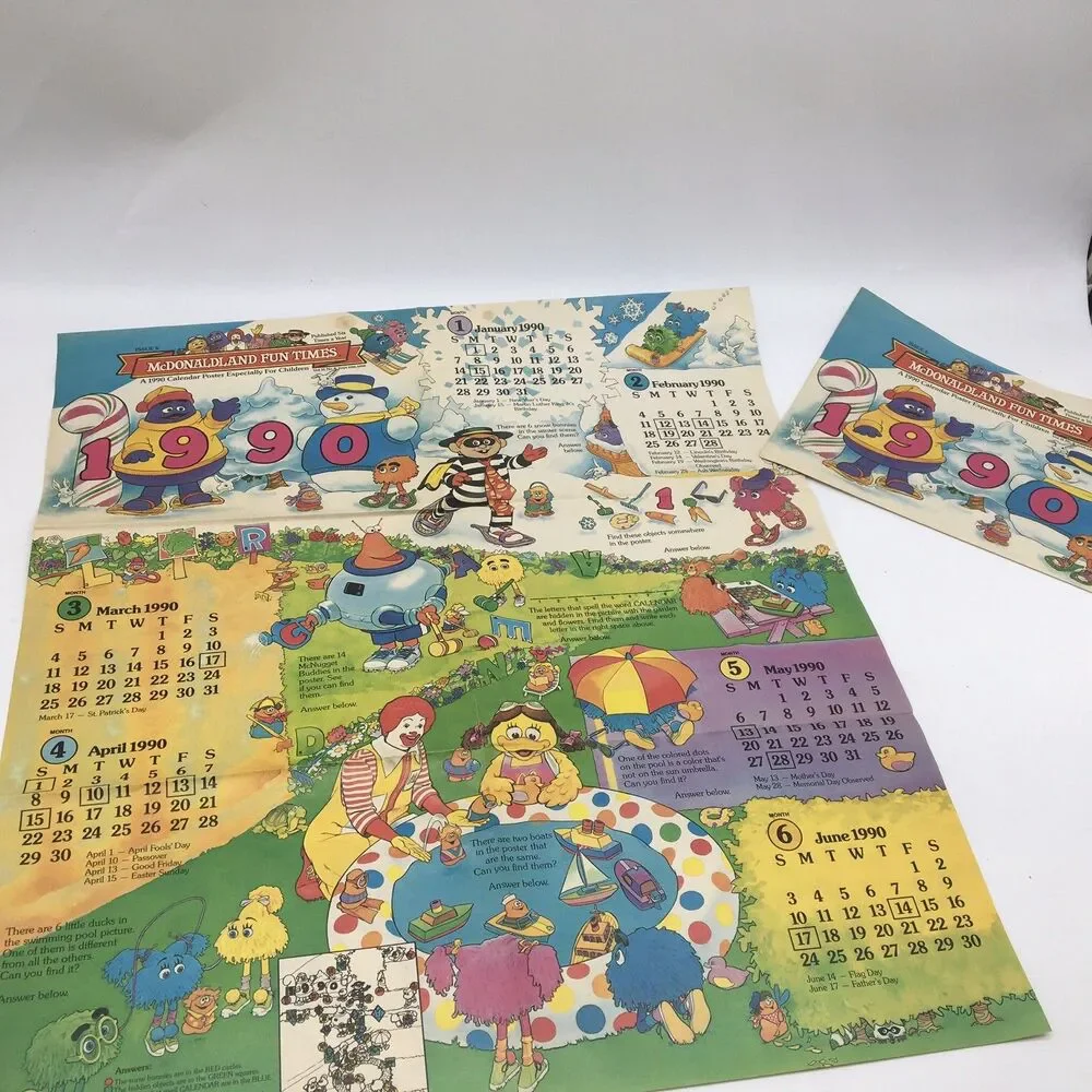 McDonald McDonaldLand Fun Times 1990s Calendar Fold Out Paper Poster + Postcards